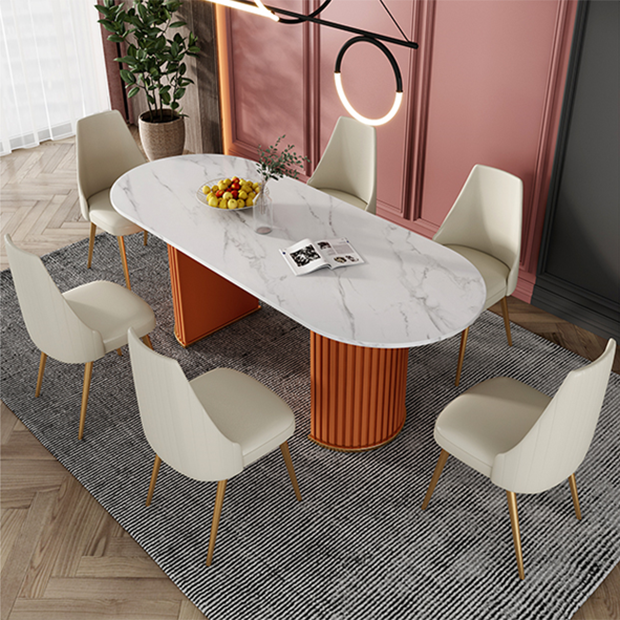 Mesa blanca de piedra sinterizada ovalada, mesa de pedestal doble de lujo para comedor