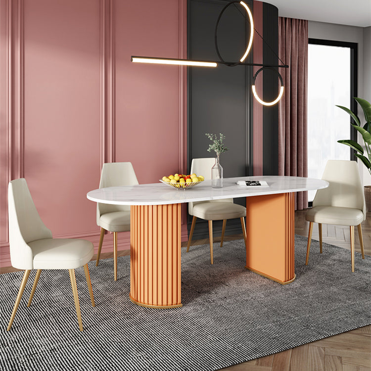 Mesa blanca de piedra sinterizada ovalada, mesa de pedestal doble de lujo para comedor