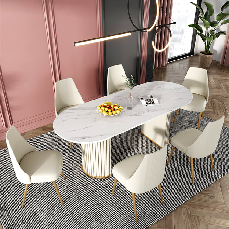 Mesa blanca de piedra sinterizada ovalada, mesa de pedestal doble de lujo para comedor