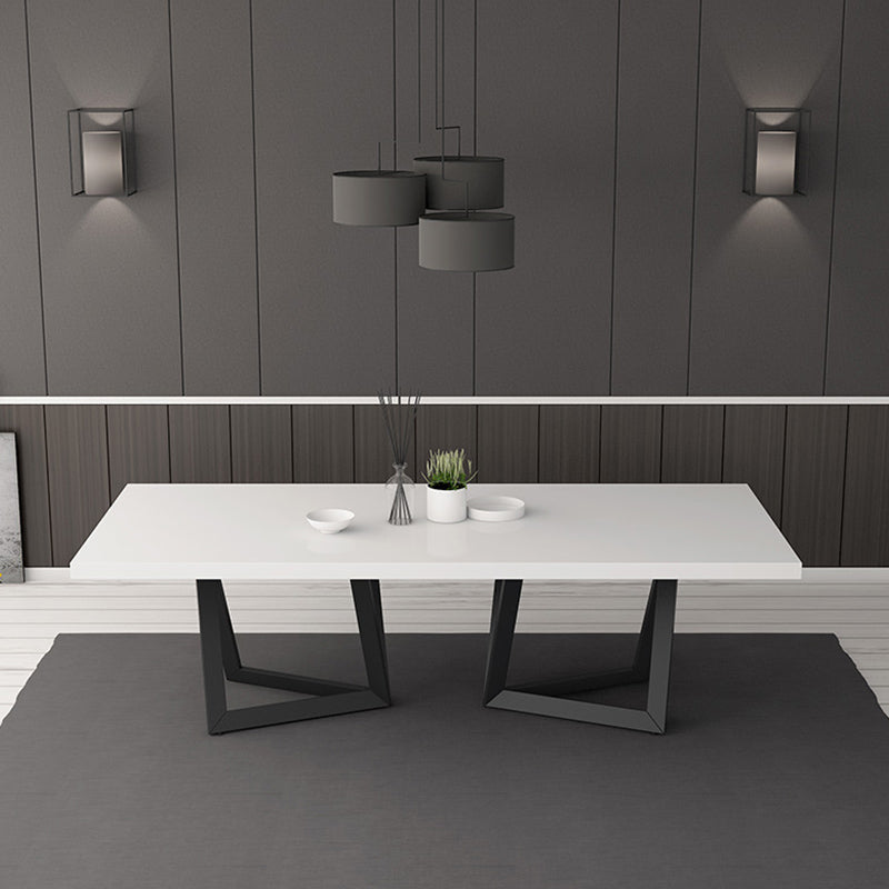 Mesa de comedor rectangular de estilo lujoso con pedestal doble, mesa fija con madera maciza