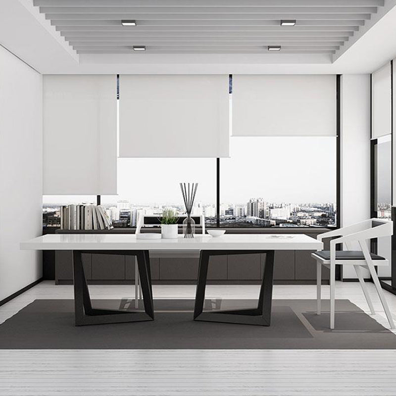 Mesa de comedor rectangular de estilo lujoso con pedestal doble, mesa fija con madera maciza