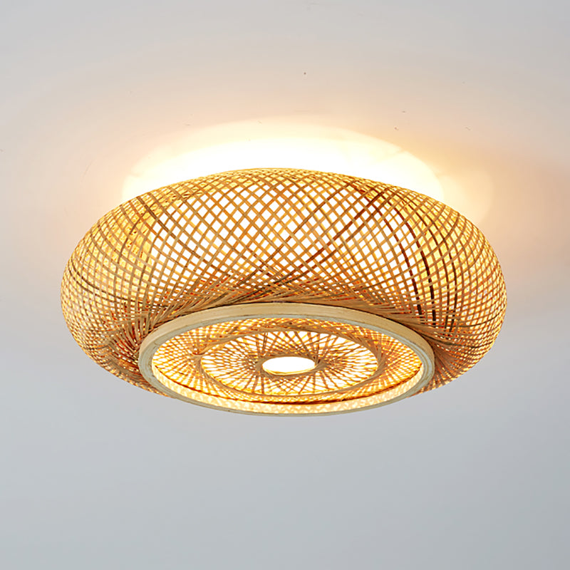 Round Flush Mount Light Fixture Asia Bamboo Bedroom Ceiling Lighting in Beige