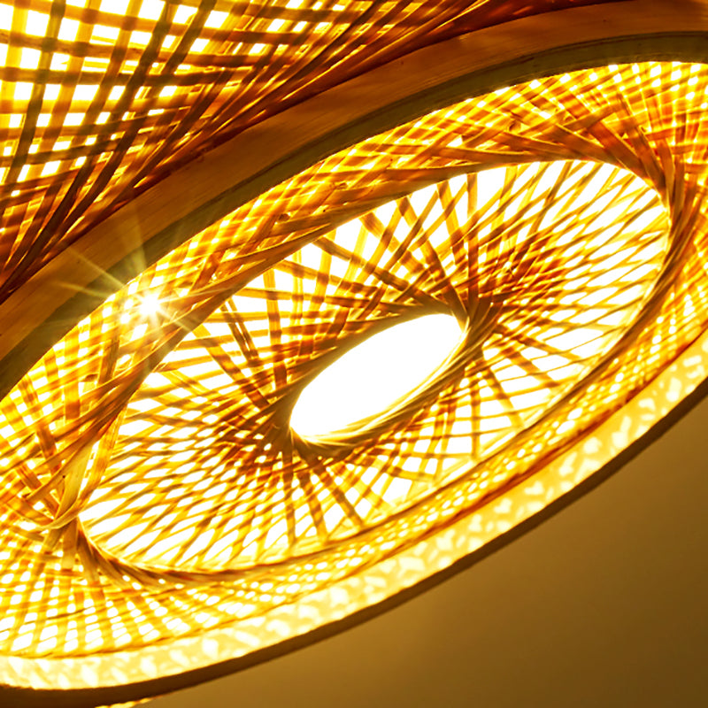 Round Flush Mount Light Fixture Asia Bamboo Bedroom Ceiling Lighting in Beige