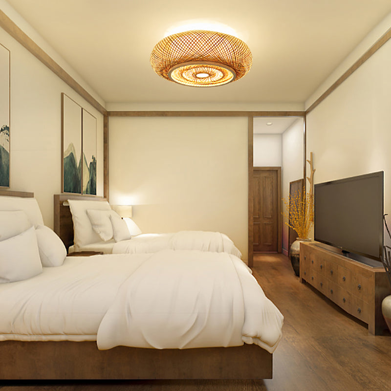 Round Flush Mount Light Fixture Asia Bamboo Bedroom Ceiling Lighting in Beige