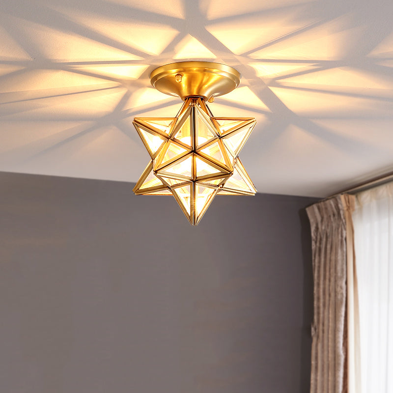 Vintage Shaded Ceiling Mount Light Fixture Glass Ceiling Light Fixture in Brass
