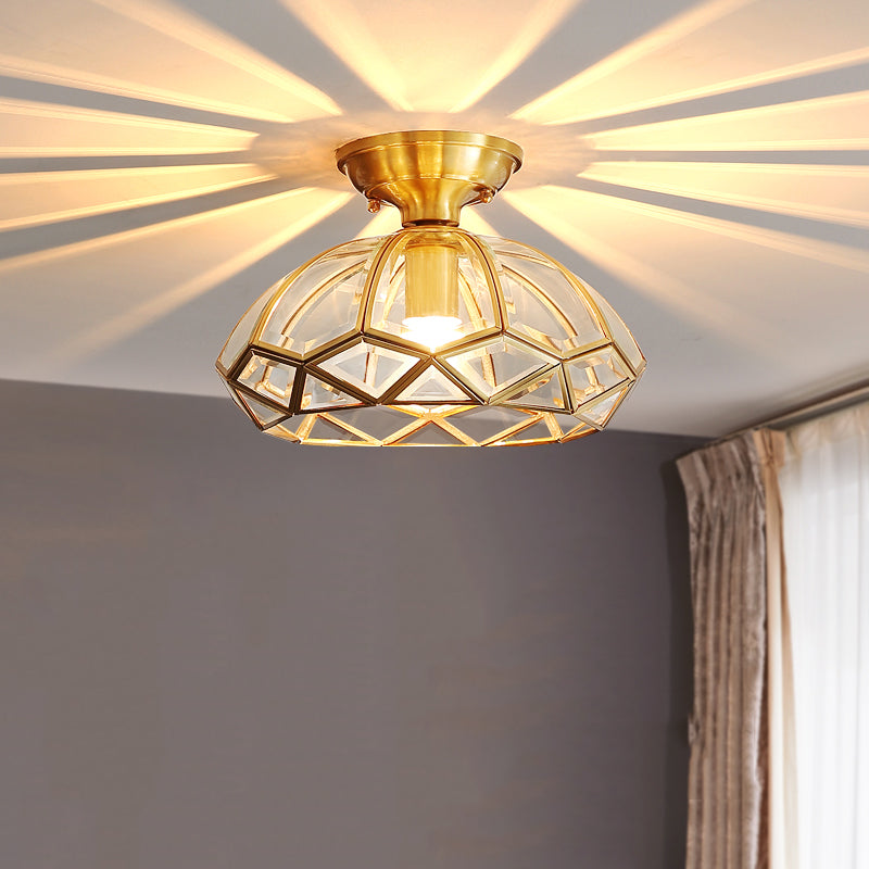 Vintage Shaded Ceiling Mount Light Fixture Glass Ceiling Light Fixture in Brass