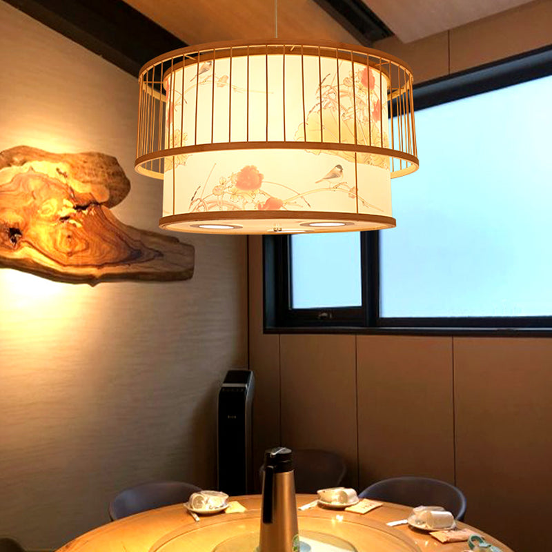 Asian Style Restaurant Pendant Light Cylindrical Bamboo Drop Lamp with Printed Shade