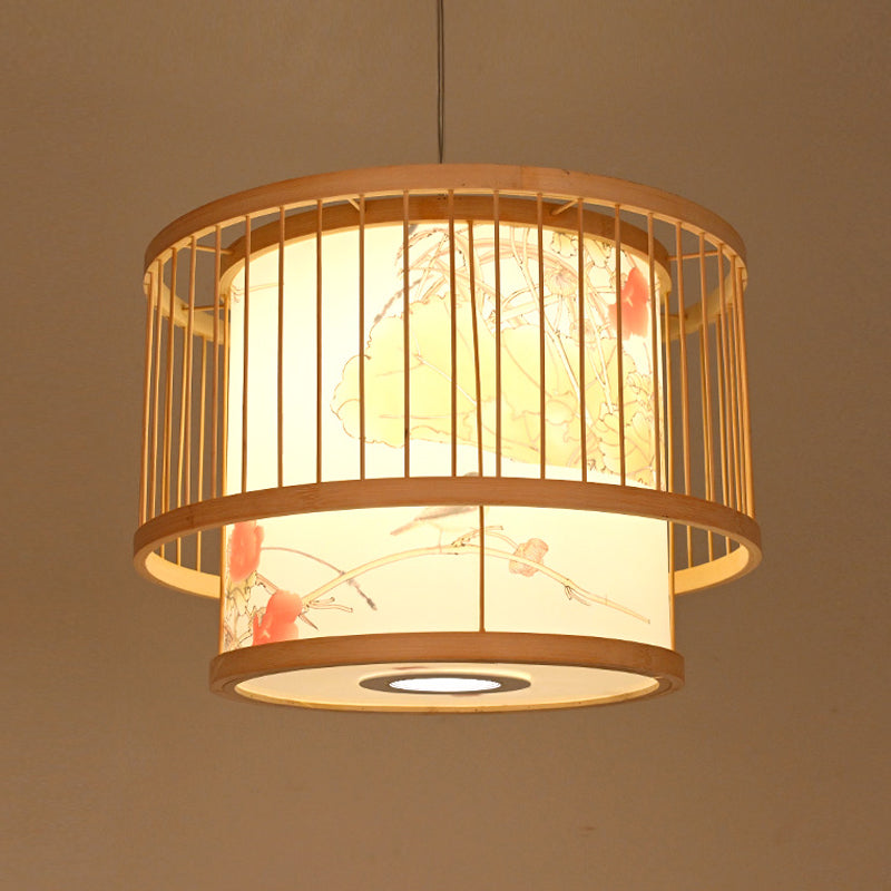 Asian Style Restaurant Pendant Light Cylindrical Bamboo Drop Lamp with Printed Shade