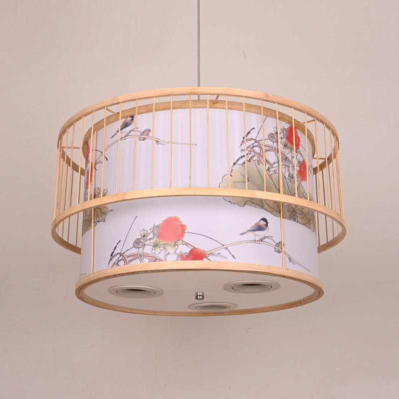 Asian Style Restaurant Pendant Light Cylindrical Bamboo Drop Lamp with Printed Shade