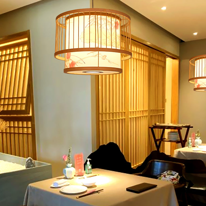 Asian Style Restaurant Pendant Light Cylindrical Bamboo Drop Lamp with Printed Shade