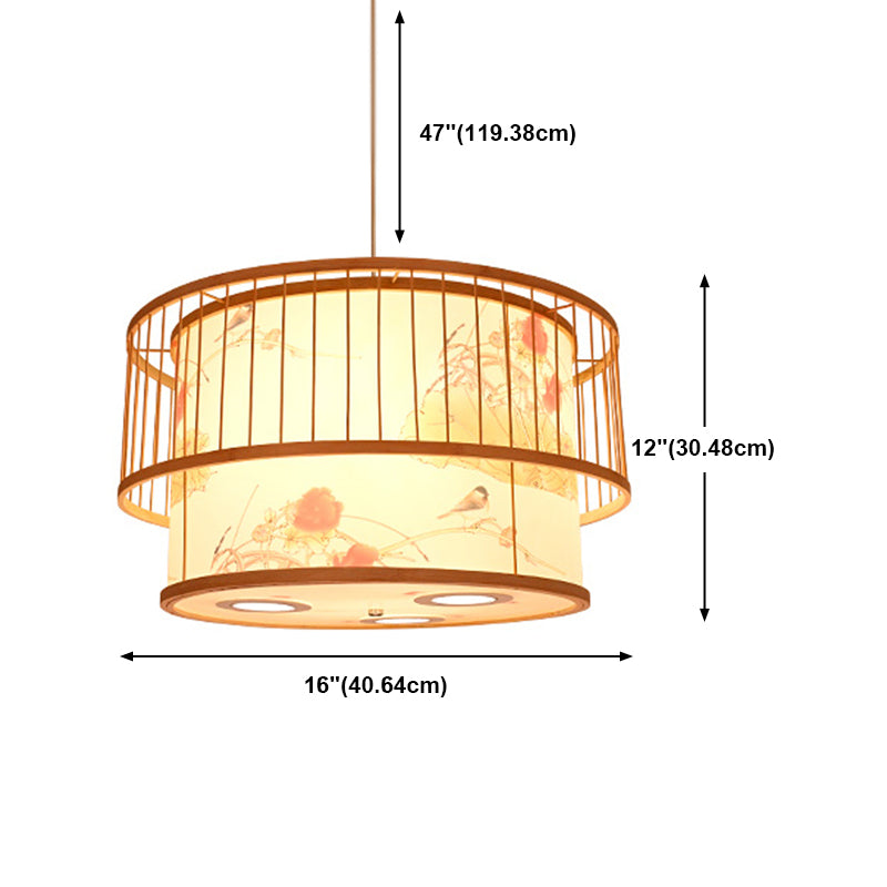 Lámpara de caída de bambú cilíndrica de restaurante de restaurante asiático con sombra impresa