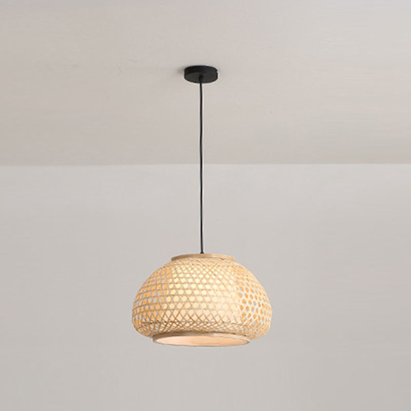 Asian 1-Light Drop Lamp Beige Lantern Bamboo Pendant Light for Tea Room