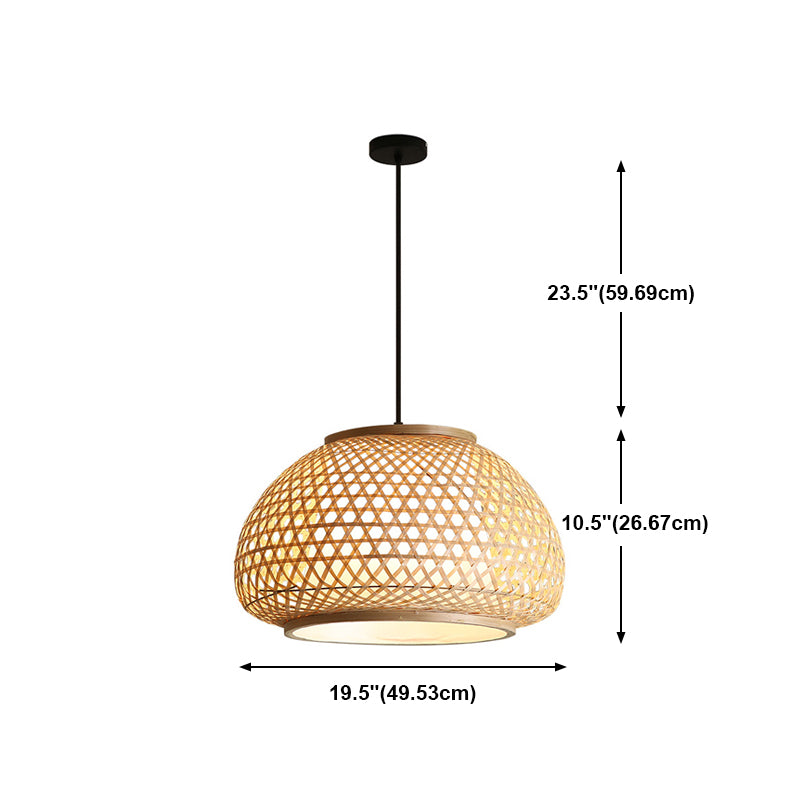 Asian 1-Light Drop Lamp Beige Lantern Bamboo Pendant Light for Tea Room