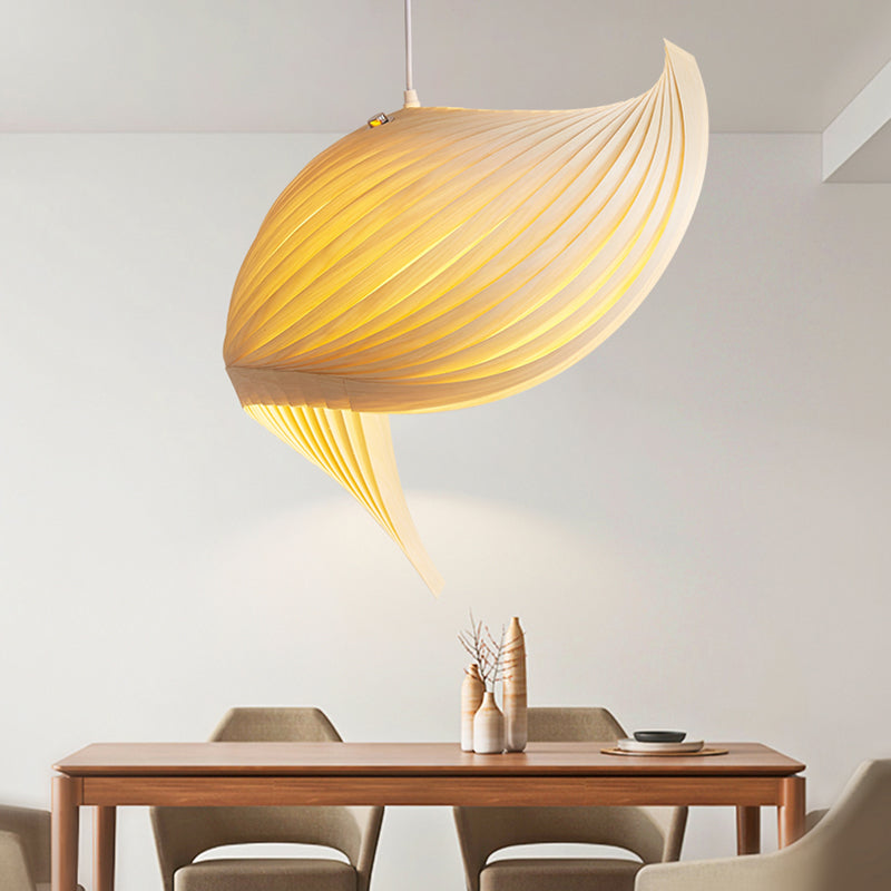 Artistic Shell Suspension Lamp Minimalist Natural Wood 1 Bulb Staircase Pendant Light