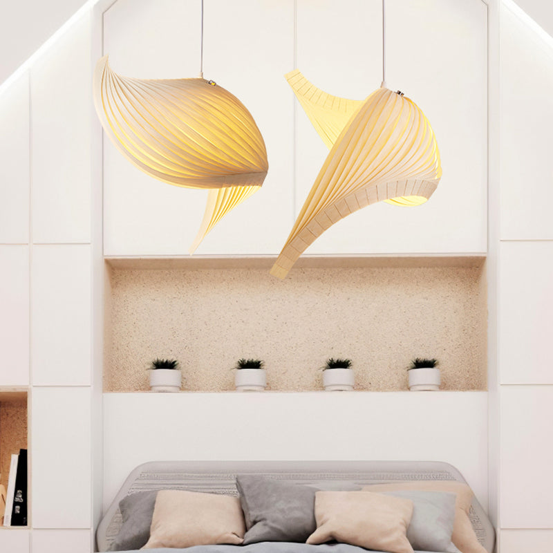 Artistic Shell Suspension Lamp Minimalist Natural Wood 1 Bulb Staircase Pendant Light