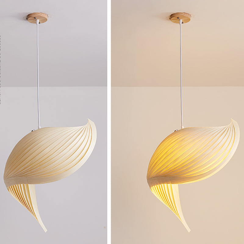 Artistic Shell Suspension Lamp Minimalist Natural Wood 1 Bulb Staircase Pendant Light