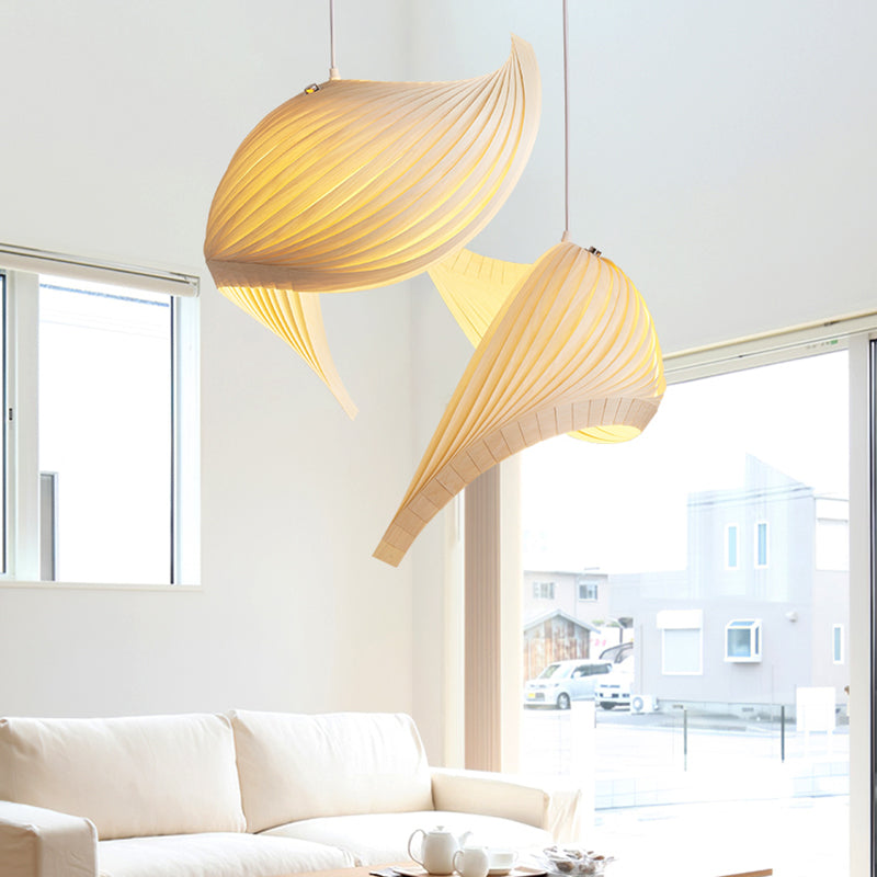 Artistic Shell Suspension Lamp Minimalist Natural Wood 1 Bulb Staircase Pendant Light