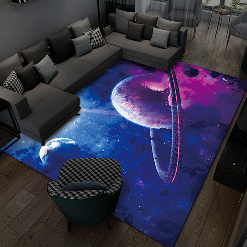 Blue Novelty Rug Polyester Universe Rug Non-Slip Backing Rug for Living Room
