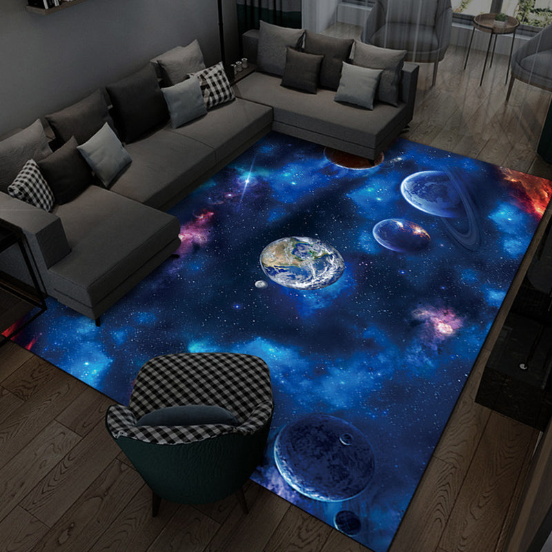 Blue Novelty Rug Polyester Universe Rug Non-Slip Backing Rug for Living Room