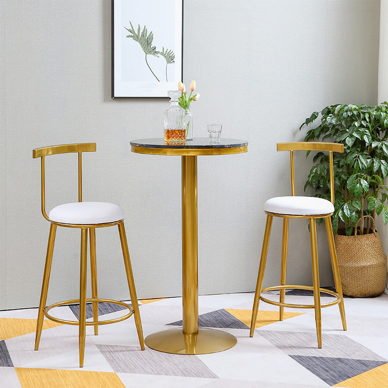 Glam Round Counter Bar Stool White Leather Bar Stool with Footrest in Gold