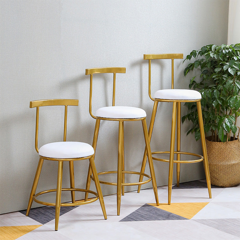 Glam Round Counter Bar Stool White Leather Bar Stool with Footrest in Gold