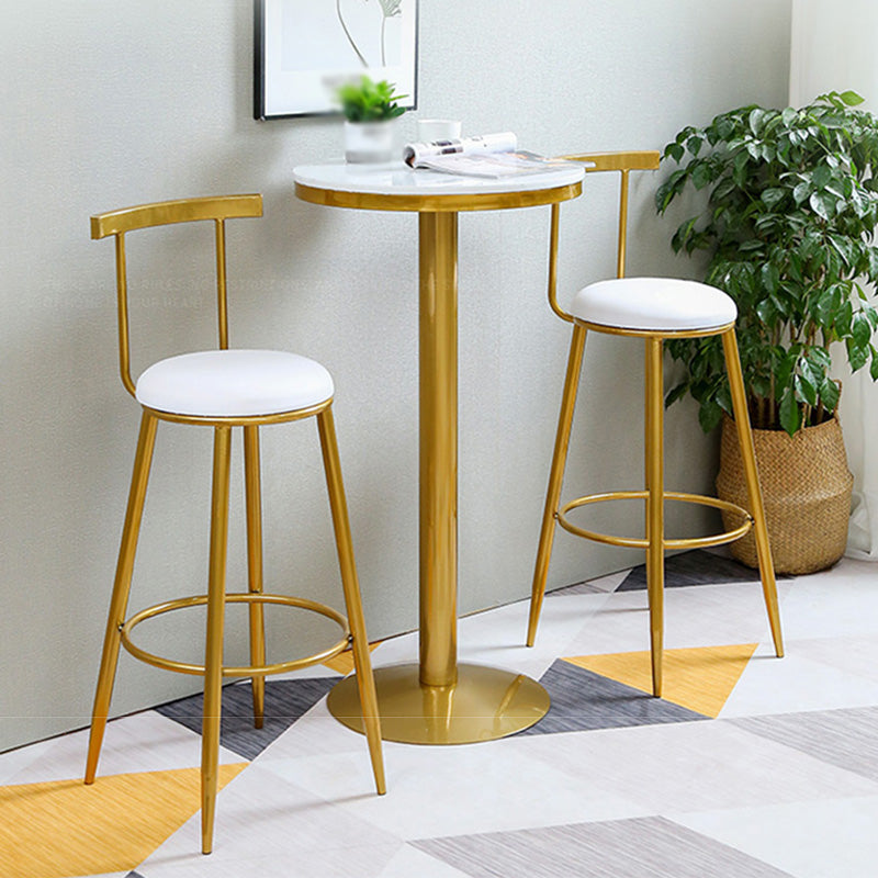 Glam Round Counter Bar Stool White Leather Bar Stool with Footrest in Gold