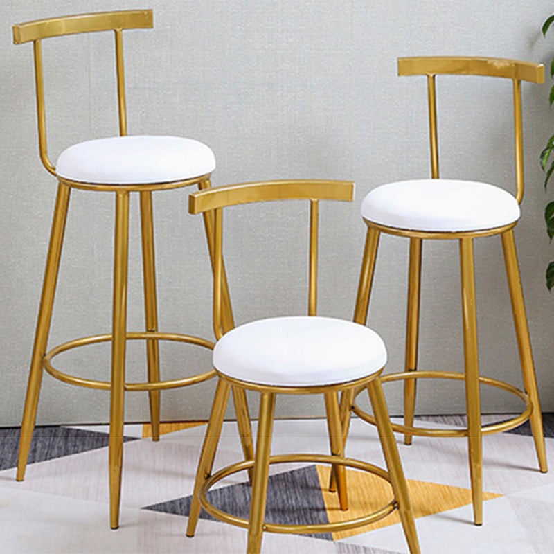 Glam Round Counter Bar Stool White Leather Bar Stool with Footrest in Gold