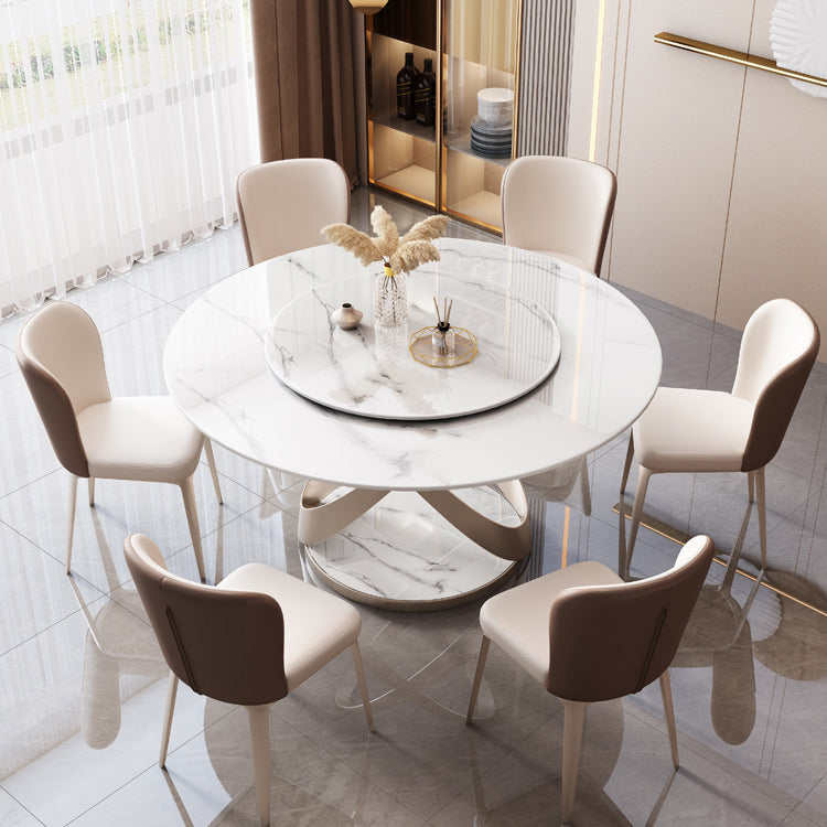 Mesa de comedor redondo Mesa de cena de pedestal de piedra de estilo de lujo con placa giratoria