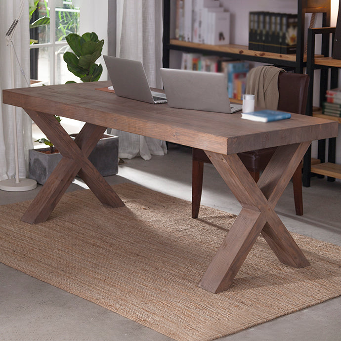 Table à manger rectangulaire industrielle en bois de pin avec double piédestal pour restaurant