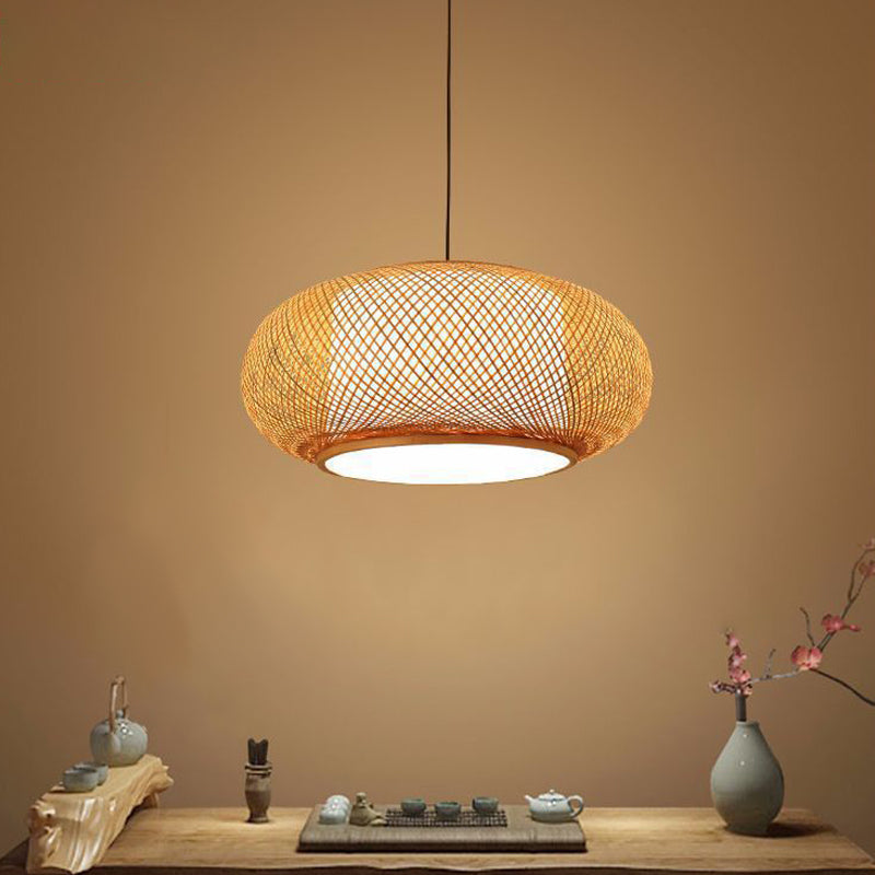 Drum Beige Down Pendant Chinese Bamboo Hanging Ceiling Light with 1 Light