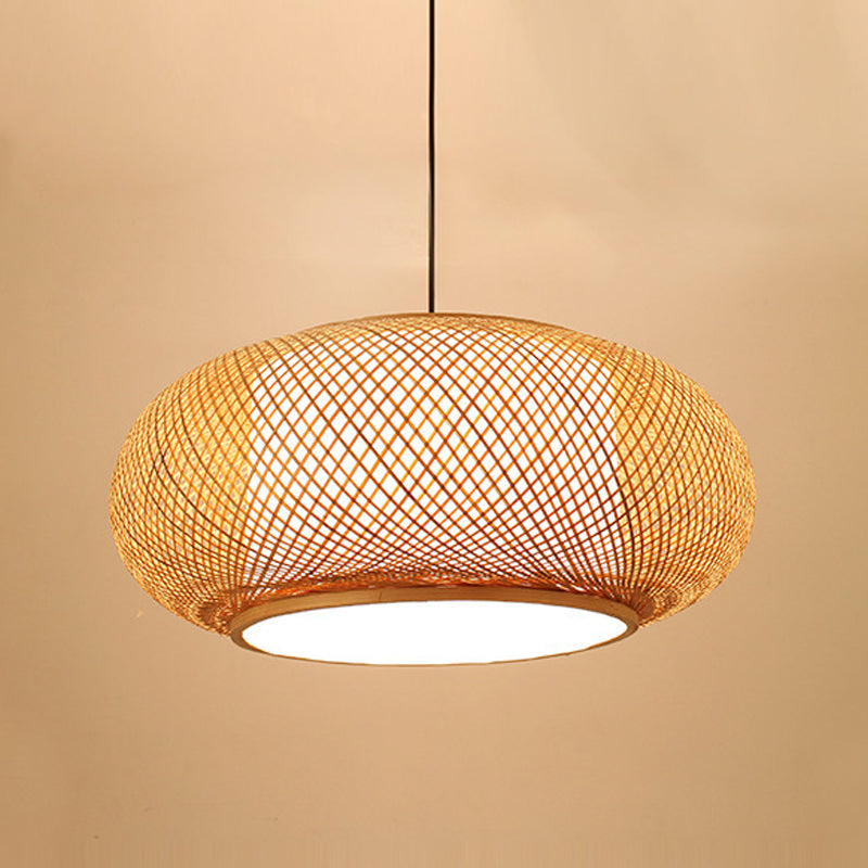 Drum Beige Down Pendant Chinese Bamboo Hanging Ceiling Light with 1 Light