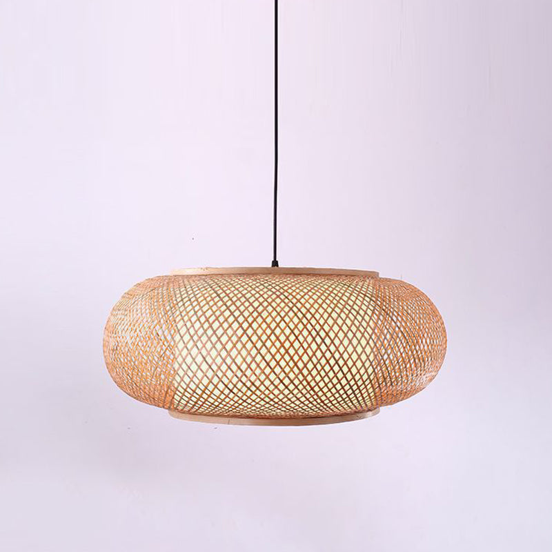 Drum Beige Down Pendant Chinese Bamboo Hanging Ceiling Light with 1 Light