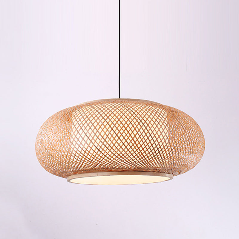 Drum Beige Down Pendant Chinese Bamboo Hanging Ceiling Light with 1 Light