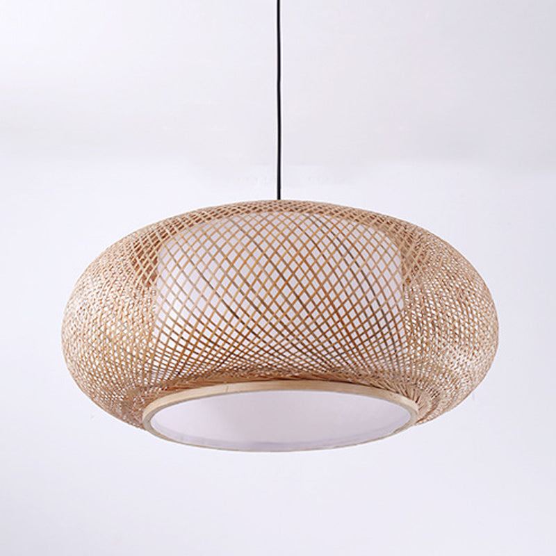 Drum Beige Down Pendant Chinese Bamboo Hanging Ceiling Light with 1 Light