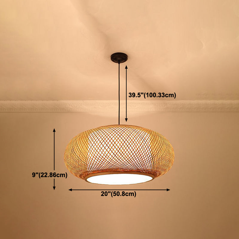 Drum Beige Down Pendant Chinese Bamboo Hanging Ceiling Light with 1 Light