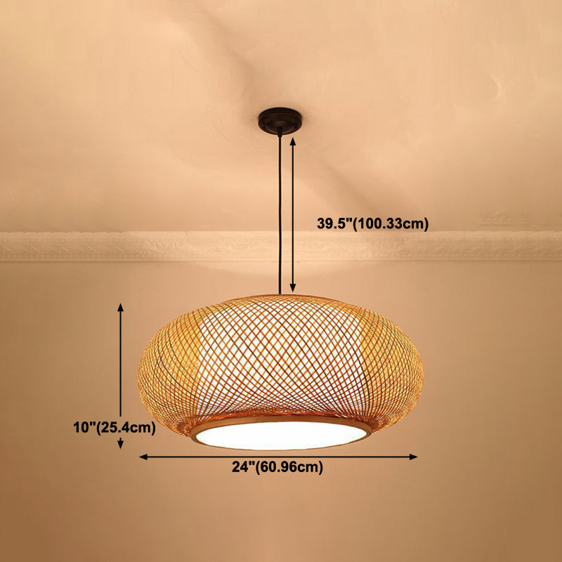 Drum Beige Down Pendant Chinese Bamboo Hanging Ceiling Light with 1 Light