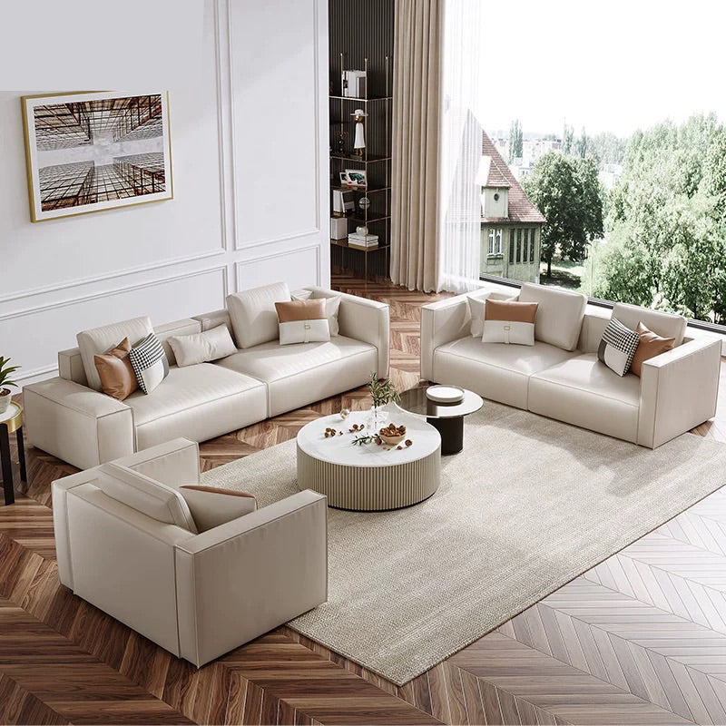 Modern Style Solid Wood Base Namib & White Leather Rectangular Sofa