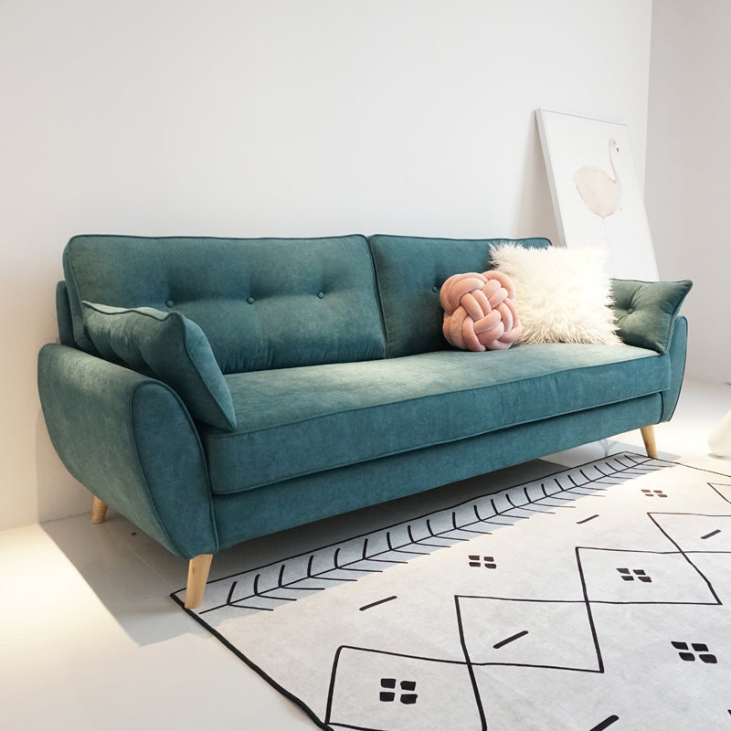Sofa de bras carré de lin en vrac avec des jambes à épingle à cheveux couvertes.