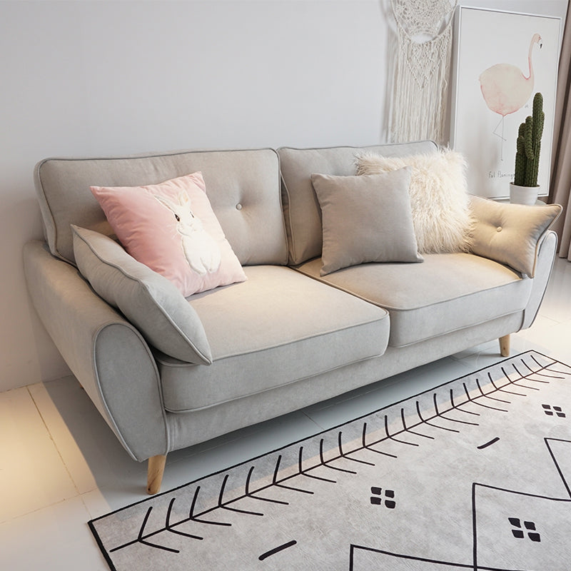 Sofa de bras carré de lin en vrac avec des jambes à épingle à cheveux couvertes.