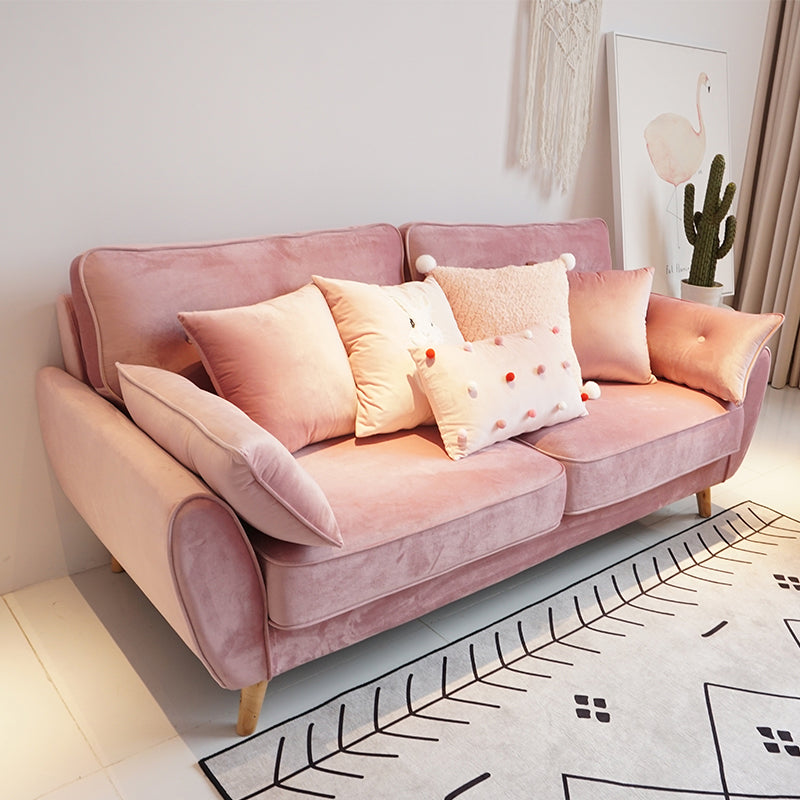 Sofa de bras carré de lin en vrac avec des jambes à épingle à cheveux couvertes.