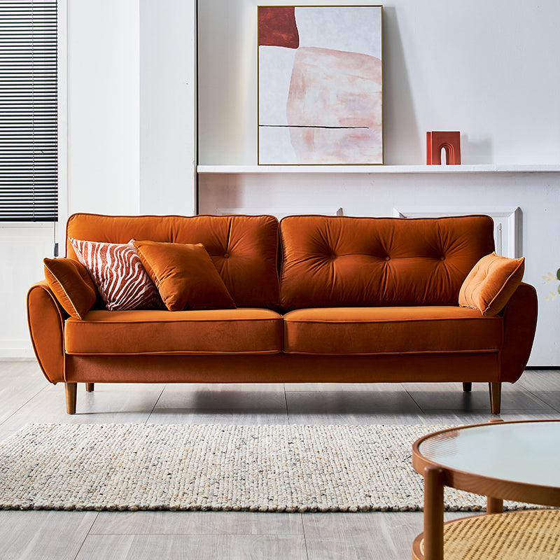 Sofa de bras carré de lin en vrac avec des jambes à épingle à cheveux couvertes.