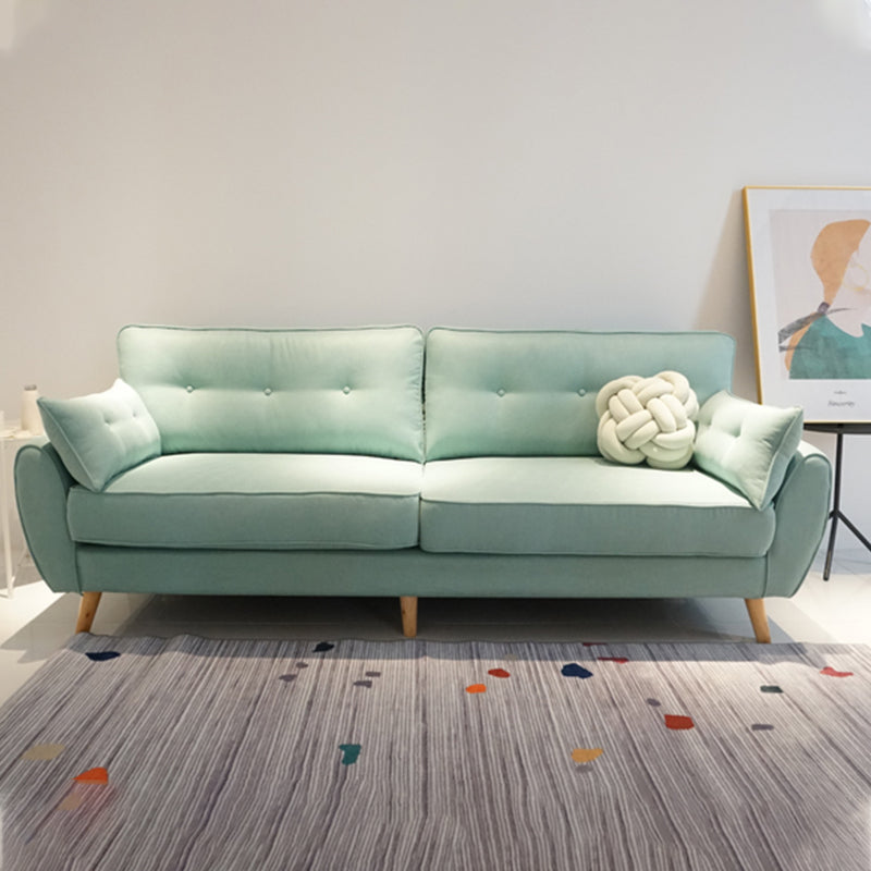 Sofa de bras carré de lin en vrac avec des jambes à épingle à cheveux couvertes.