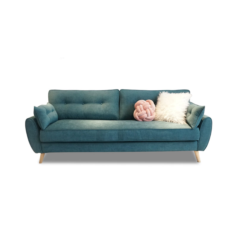 Sofa de bras carré de lin en vrac avec des jambes à épingle à cheveux couvertes.