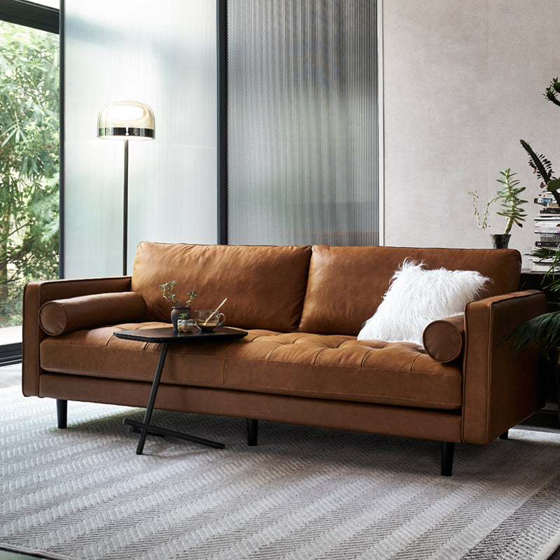 American Traditional Genuine Leather Cushions Sofa 33.46"High Square Arm Sofa,Dark Brown