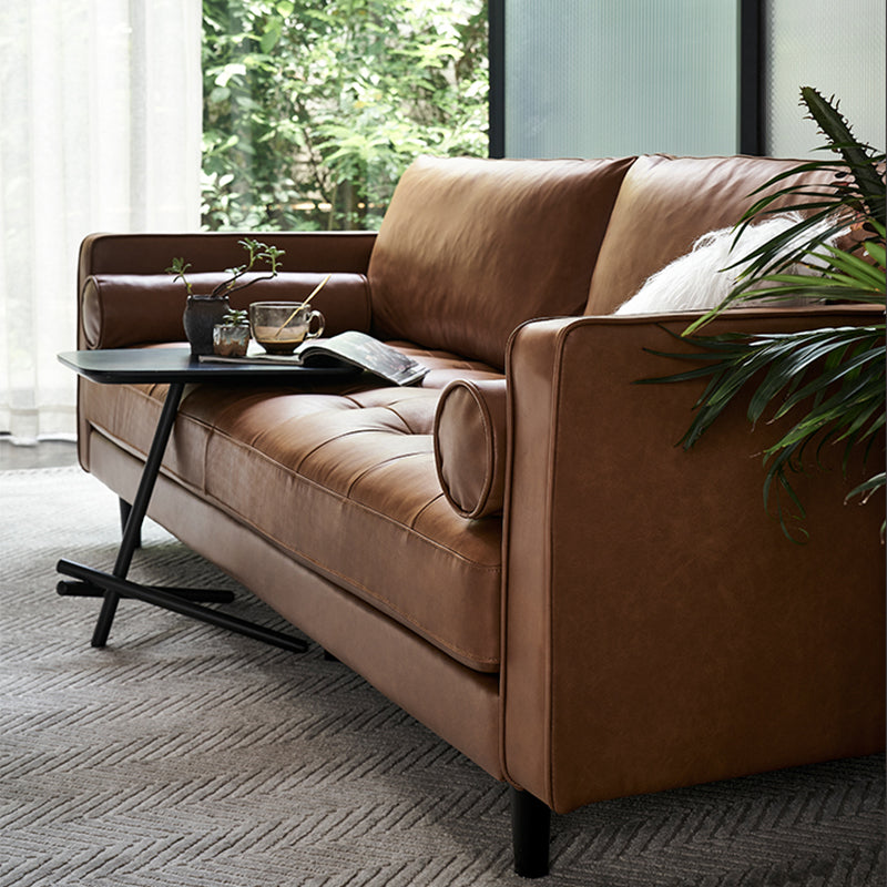 American Traditional Genuine Leather Cushions Sofa 33.46"High Square Arm Sofa,Dark Brown