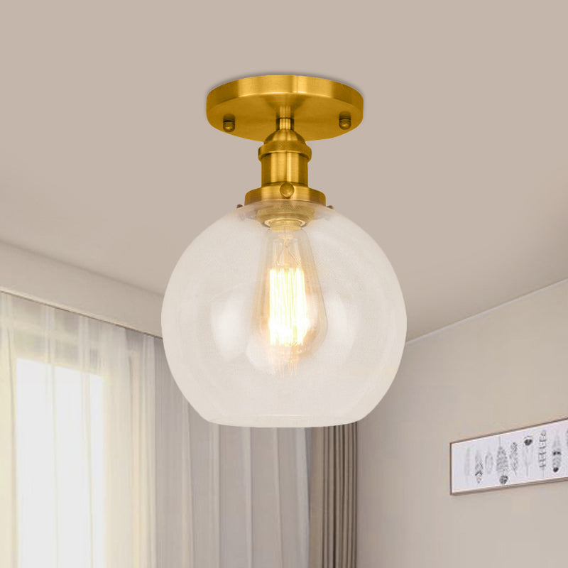 Spherical Balcony Semi Flush Industrial Clear Glass One Light Black/Brass/Copper Ceiling Light Fixture