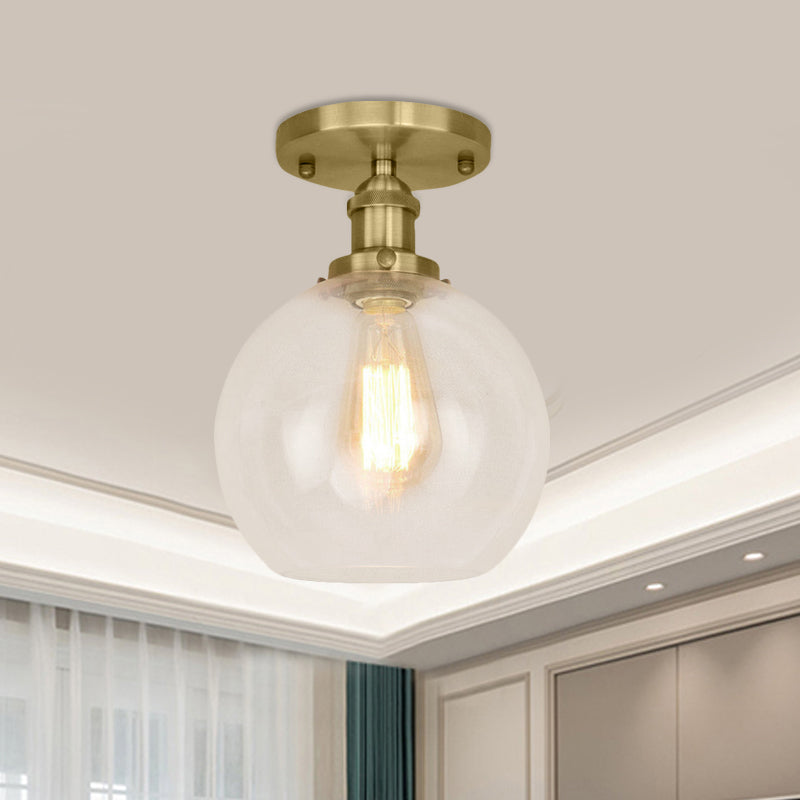 Spherical Balcony Semi Flush Industrial Clear Glass One Light Black/Brass/Copper Ceiling Light Fixture