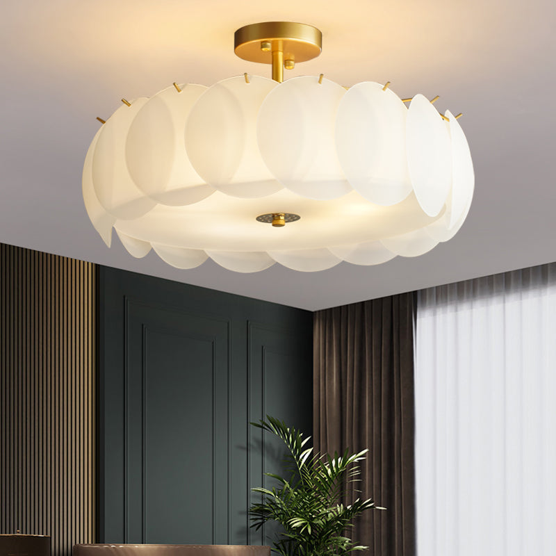 Gold Metal Semi Flush Lamp Modern Multi-Head Bedroom Ceiling Lighting with Glass Shade
