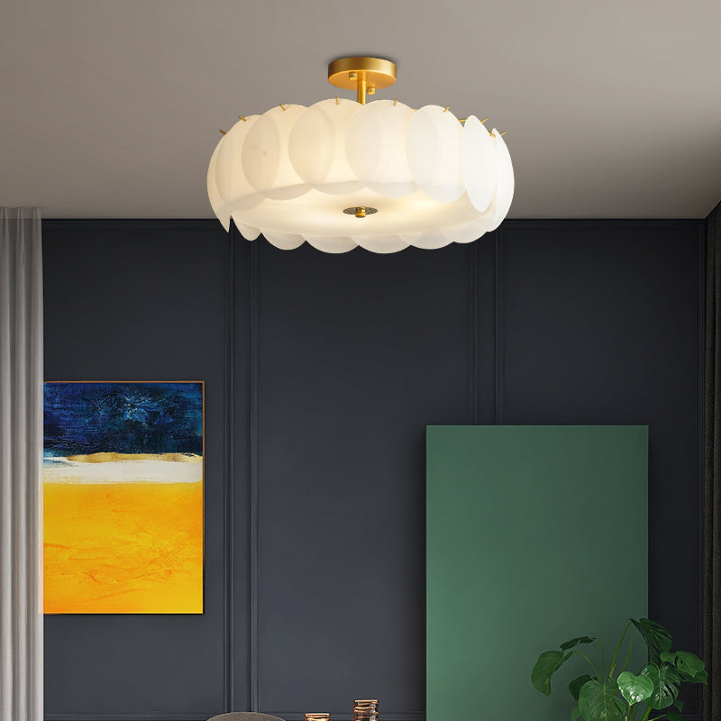 Gold Metal Semi Flush Lamp Modern Multi-Head Bedroom Ceiling Lighting with Glass Shade