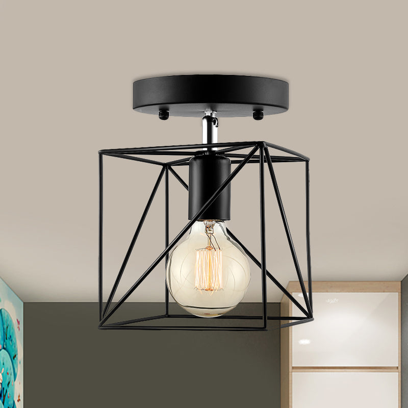 Industrial Style Squared Ceiling Mounted Fixture with Wire Frame 1 Head Metal Semi Flush Light in Black